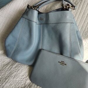 Coach Sky Blue Leather Shoulder Bag and Wristlet